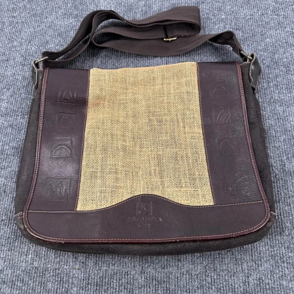 Juan Valdez Cafe Messenger Bag Large Leather Burlap Suede Brown Y2K Casual